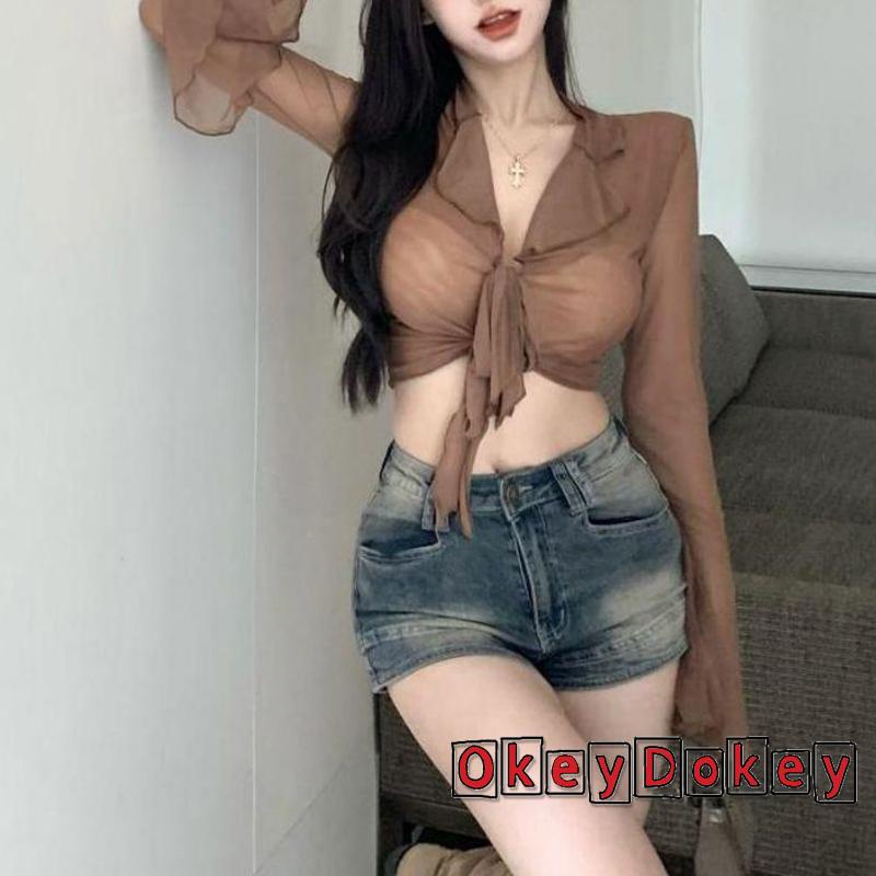 Áo Croptop Tay Dài Màu Trơn Phối Lưới Xuyên Thấu Thời Trang Đường Phố Cho Nữ