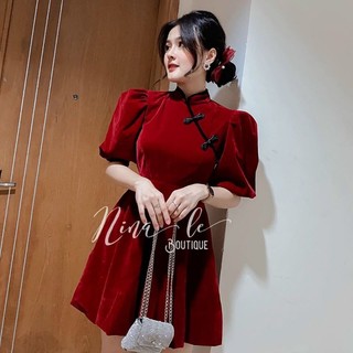 Đầm nhung đỏ Trung Hoa sang chảnh.Váy tiểu thư cổ tàu, gài nút cực đẹp, giá rẻ.