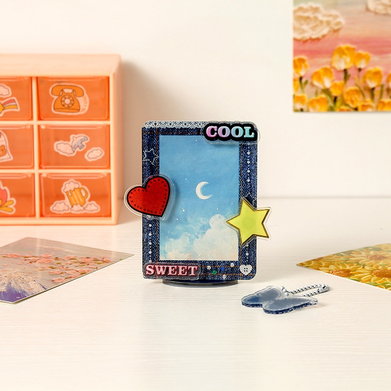 Peach y2k Denim style photo display rack standing sign Table top decoration Protective card sleeve