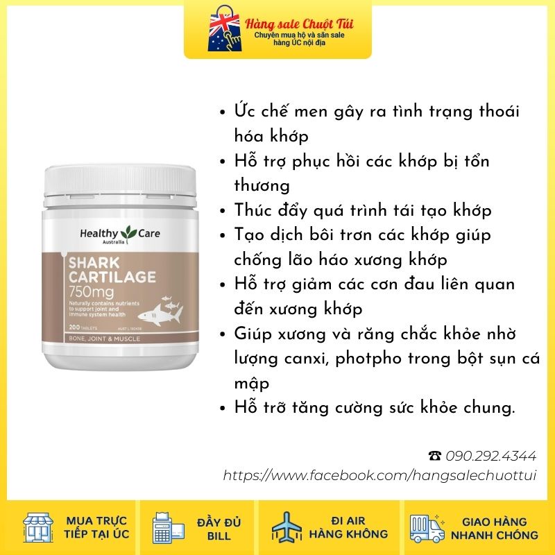 Viên uống sụn cá mập Healthy Care Shark Cartilage 750mg 200 viên