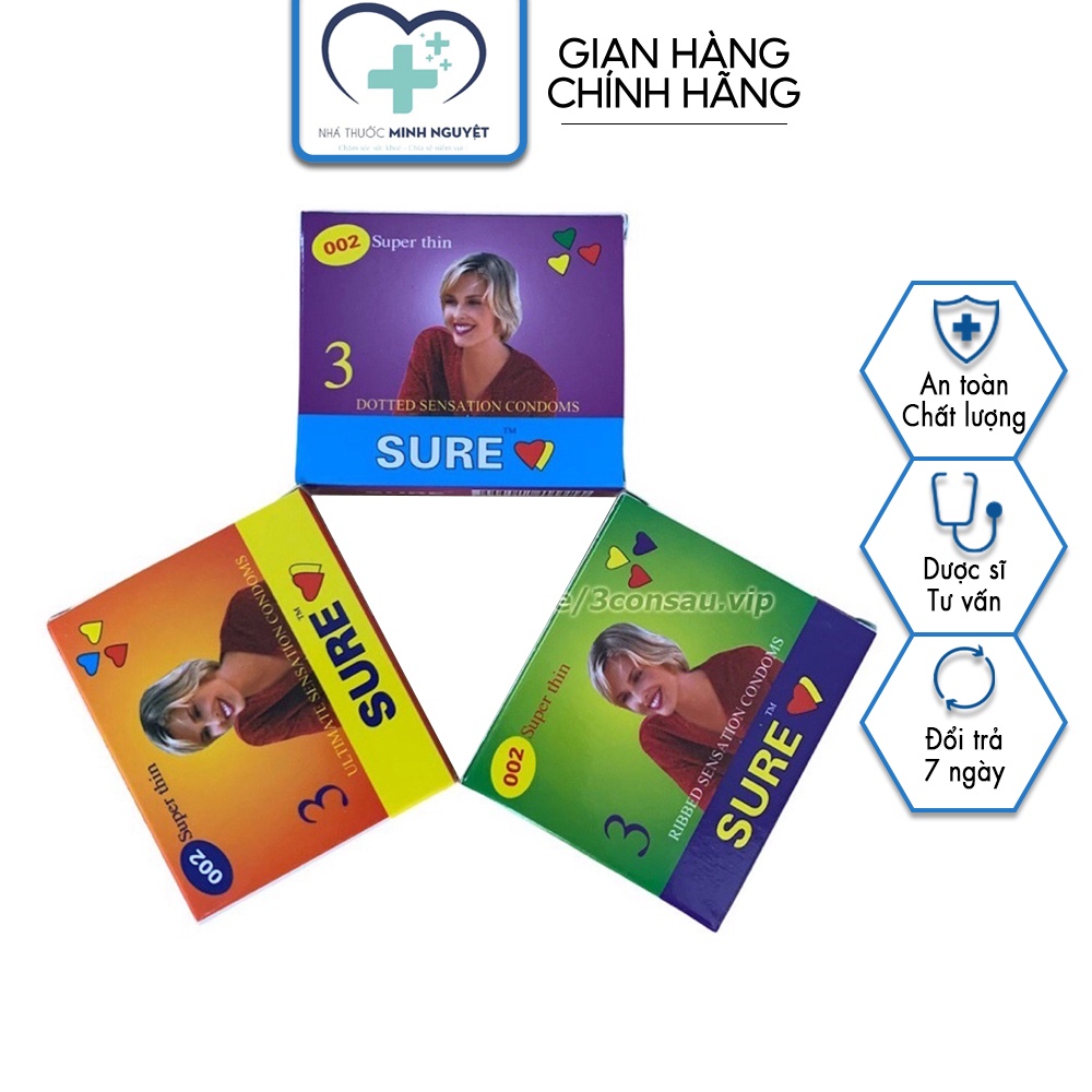Bao cao su SURE chính hãng, bao cao su gân gai, kéo dài thời gian yêu, hộp 3c - CN43