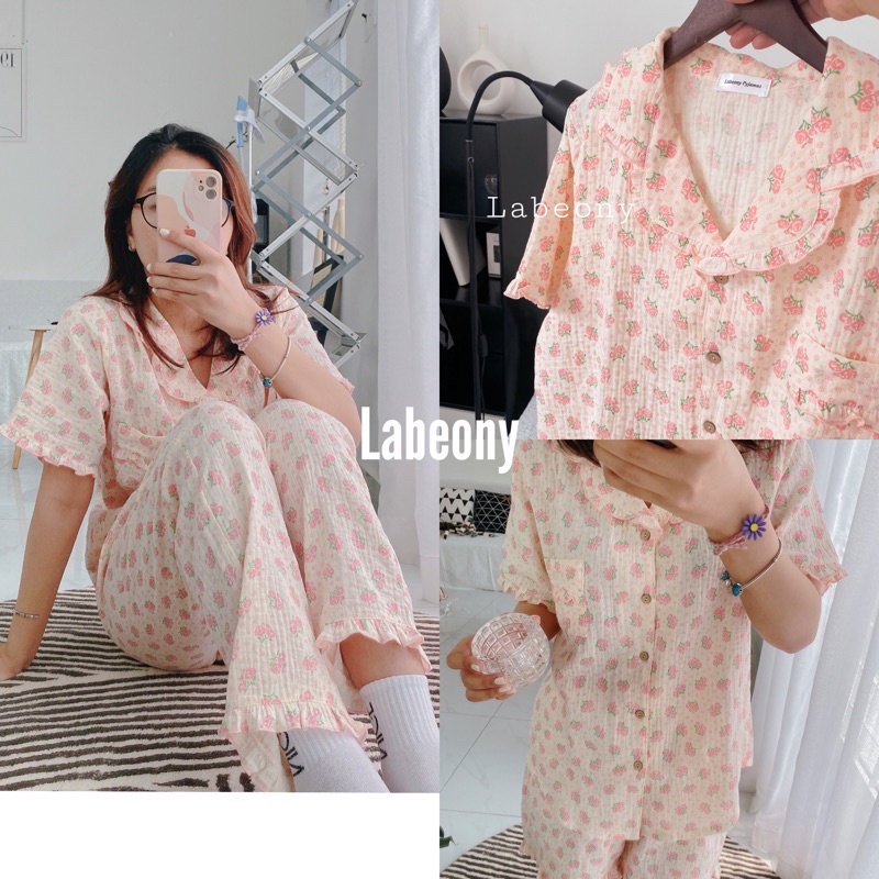 Đồ bộ nữ mặc nhà Pyjama hoa hồng nhí ngắn dài muslin Hàn Labeony