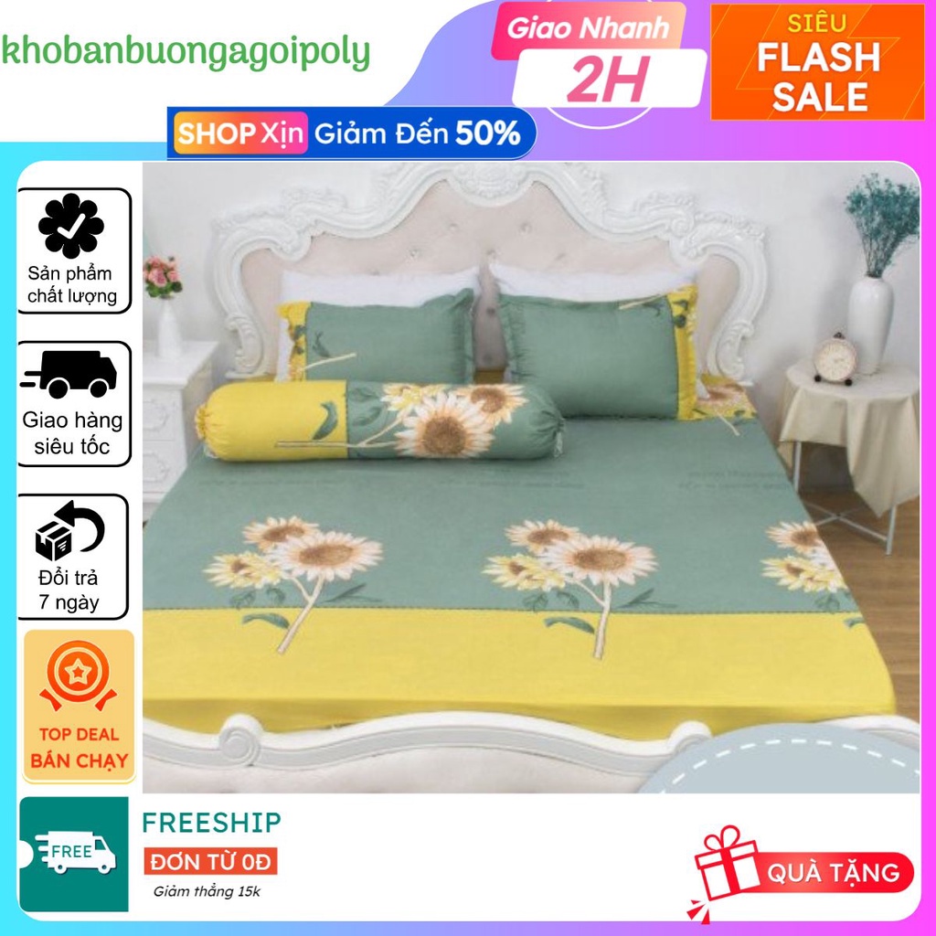 Bộ ga gối kèm gối ôm món(4 món) kích thước 1m6x2m và 1m8x2m,hoa hướng dương