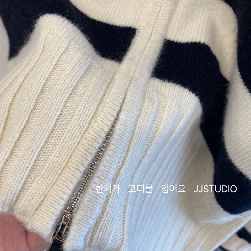 Áo Khoác Cardigan Dệt Kim Họa Tiết Kẻ Sọc Phối Khóa Kéo Thời Trang Thu Đông Cho Nữ