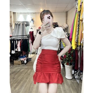Hình thật - Áo lụa kiểu lệch vai đính nơ ❤️FREESHIP❤️áo thiết kế nhiều màu nhiều size chất siêu mát, dày mịn