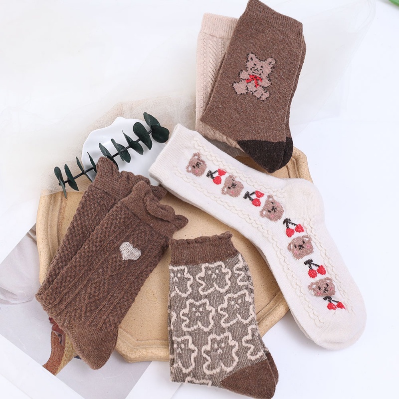 Tất Bắp Chân Hàn Quốc Dễ Phối Đồ / Vớ Dày Dặn Ấm Áp Họa Tiết Gấu Cherry Dễ Thương Thời Trang Thu Đông Cho Nữ