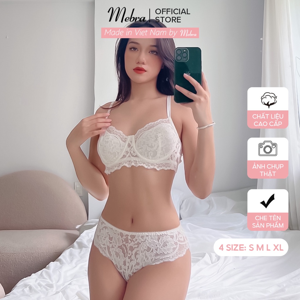 Bộ đồ lót nữ màu trắng ngà áo ren có gọng không mút có thể thêm mút mỏng quần tam giác đáy cotton cao cấp Mebra A034SET