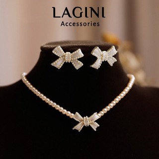Dây chuyền choker ngọc trai gắn nơ sang chảnh đi tiệc đi đám cưới dành cho nữ Lagini phong cách Hàn Quốc