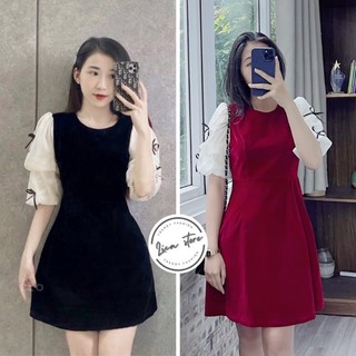 Váy nhung tay phối bèo dáng chữ a,váy nhung nữ tay phối bèo