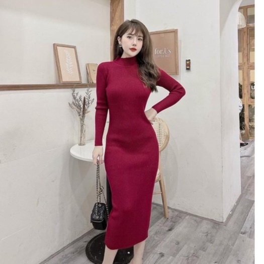 Váy len nữ trơn basic dài 110 cm hàng dầy đẹp, đầm nữ dáng ôm body cổ tròn cao 3cm, tay dài chất len tăm mềm mịn co giãn
