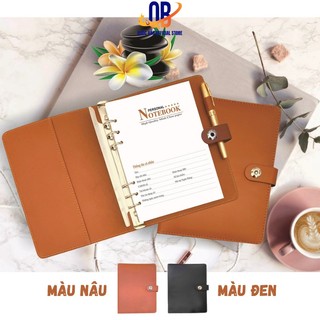 Sổ còng A5 bìa da cao cấp 160 trang - ruột sổ còng 6 lỗ làm sổ tay, take notes, bullet journal planner, màu Nâu/Đen -613