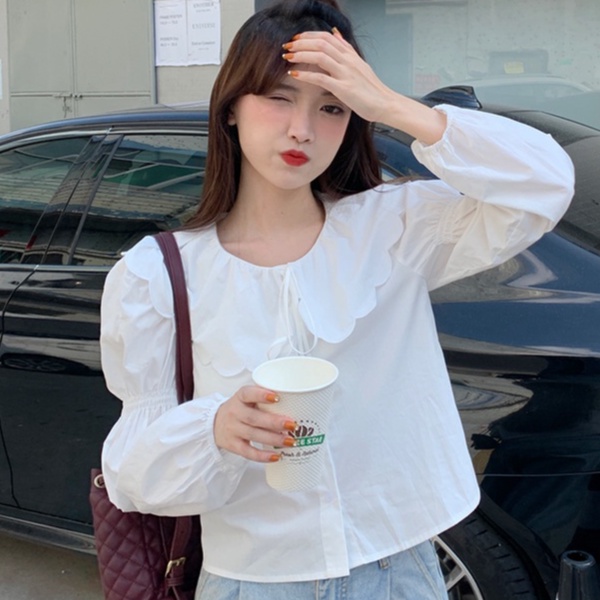 Bộ Áo Sơ Mi Tay Phồng + Chân Váy Yếm Thời Trang Xuân Thu Phong Cách Preppy