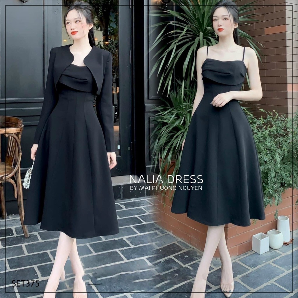 Sét Đầm Hai Dây Dáng Dài, Đầm 2 Dây Dáng Xòe Cổ Xếp Ly Bèo Phối Khoát Ngoài Sexy Phong Cách HÀN QUỐC