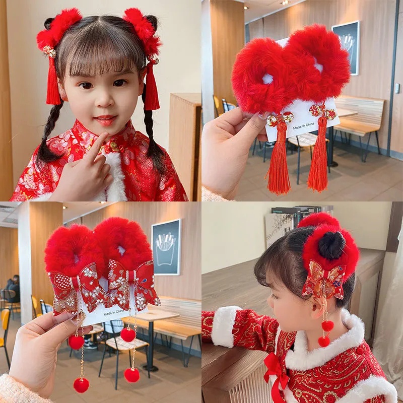 1 Cặp Dây Buộc Tóc Phủ Lông Màu Đỏ Phong Cách Trung Hoa Thời Trang Cho Nữ