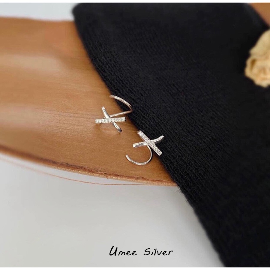 Khuyên tai nữ hình chữ X đính đá, bông tai bạc 925 Umee Silver, phụ kiện trang sức bạc