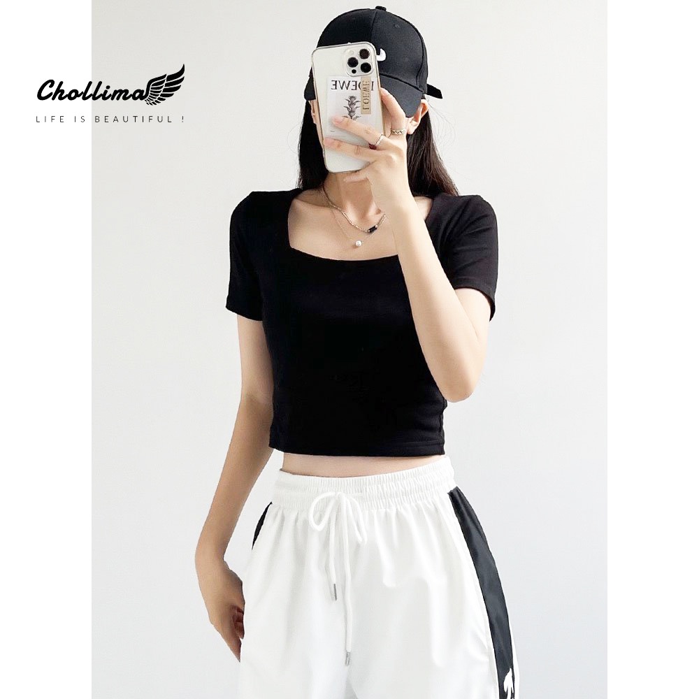 Áo thun croptop tay lỡ Chollima cổ vuông chất vãi dày dặn co giãn 4 chiều AT457