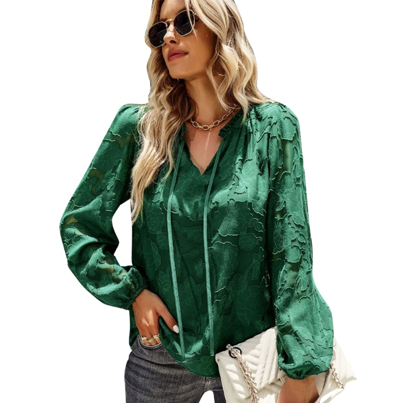 Áo Voan Hoa Tay Phồng Dài Cổ Chữ V Phối Bèo Xuyên Thấu Phối Dây Rút Cá Tính Cho Nữ