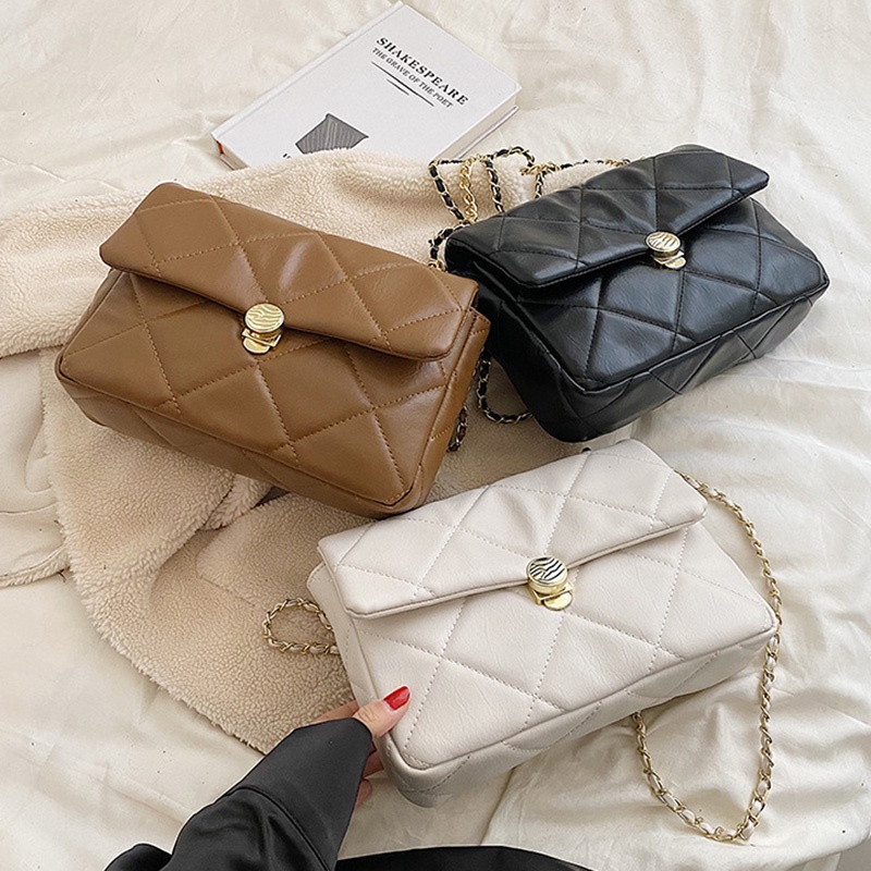 IELGY Túi Đeo Chéo Hình Vuông Nhỏ Màu Nâu Đính Kim Cương Giả Dễ Phối Đồ Thời Trang Cho Nữ