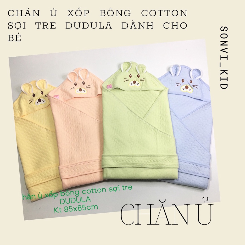 Chăn ủ xốp bông cotton sợi tre có mũ Dudula cho bé yêu