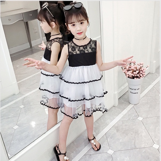 Đầm Lụa Đen Sát Nách Phối Ren Dễ Thương Cho Bé Gái 0-7 Tuổi