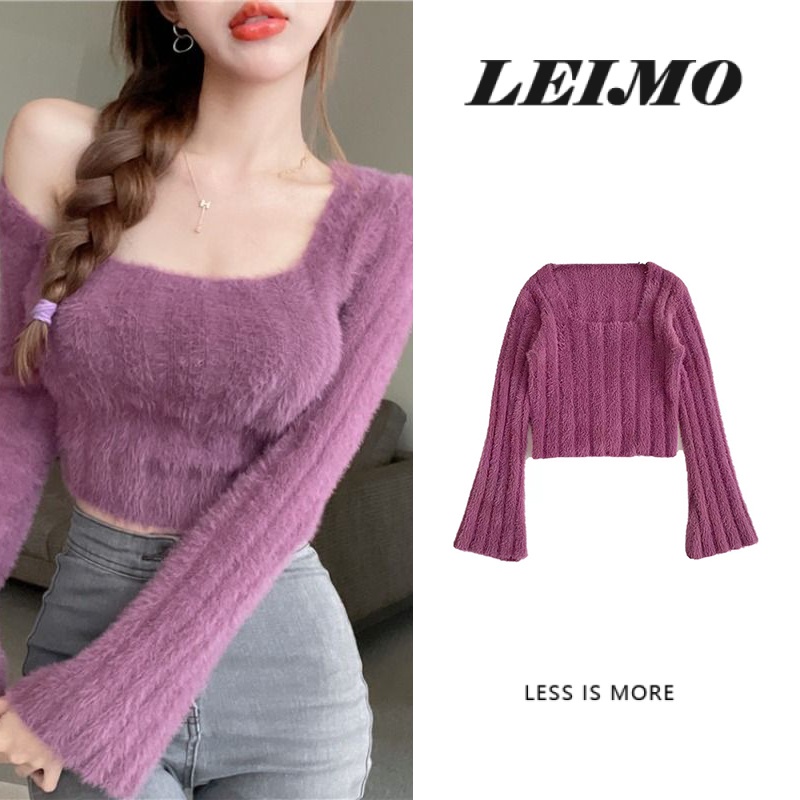 Áo Sweater Dệt Kim Tay Dài Cổ Vuông Quyến Rũ Hợp Thời Trang