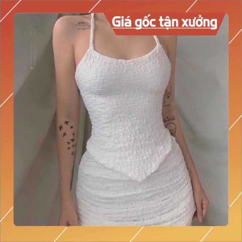 Set đầm váy 🔥thun nhún🔥 Áo croptop vạt chéo đan dây lưng cổ yếm đen trắng đi biển dự tiệc dạo phố bigsize gợi cảm sexy