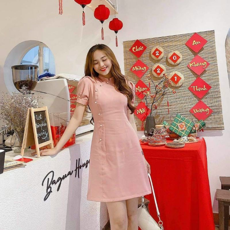 Đầm váy cổ tàu đóng cườm 3 màu y hình thời trang nữ năng động trẻ trung duyên dáng