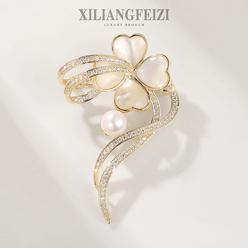 XILIANGFEIZI Ghim Cài Áo Hình Cỏ Bốn Lá Đính Đá Zircon Thời Trang Thanh Lịch