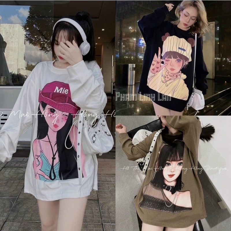 Áo phông hình cô gái chất cotton oversize siêu rộng, áo phông dài tay