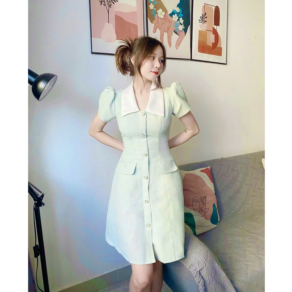 Đầm xanh công sở đẹp thanh lịch thiết kế chữ a cổ v tay phồng xinh cao cấp đi làm đi tiệc eo tôn dáng – Lux W Fashion