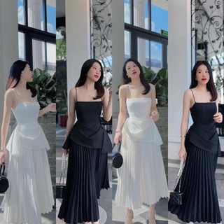 Set áo 2 dây peplum + chân váy midi dập ly
