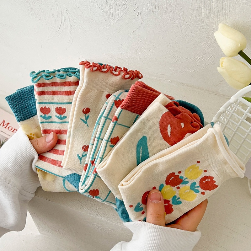 Vớ WAFNHA D774 cotton họa tiết sọc caro thời trang dành cho nữ