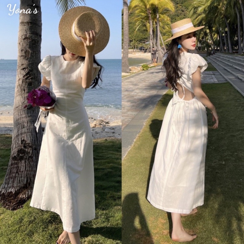 Đầm đi biển dáng dài tay phồng trắng tinh khôi đơn giản cực xinh  MSP D33W