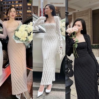Đầm maxi body ren cổ vuông tay dài