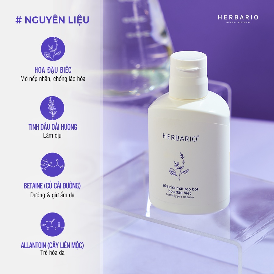 Bộ Nước tẩy trang 300ml + Sữa rửa mặt tạo bọt 100ml hoa đậu biếc herbario chống lão hóa, trẻ hóa da