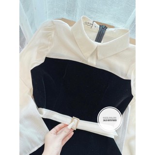 Đầm nhung đen đai lụa rời phối tay