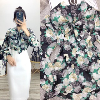 Áo sơ mi hoa hồng xanh đen thắt nơ