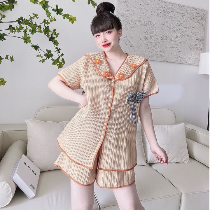 Bigsize Đồ Mặc Nhà Nữ SOJUN Đũi Sọc Hoa Len Size 55-75kg