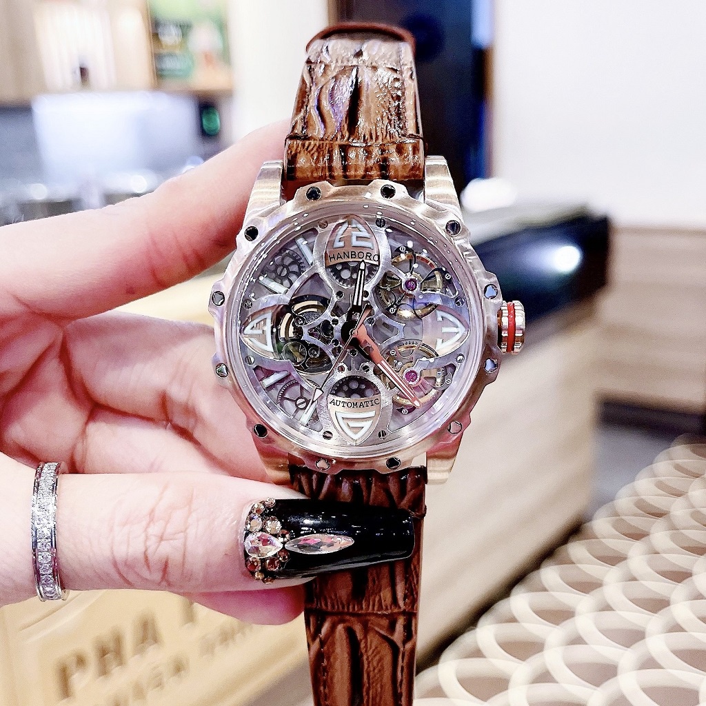 Đồng Hồ Nam Hanboro Automatic  Dây Da Nâu Gân Rose Gold 44mm
