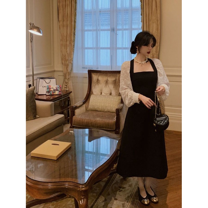 Đầm Dài Cổ Vuông Phối Ren Họa Tiết Bướm Phong Cách Pháp Thanh Lịch Thời Trang Mùa Thu Cho Nữ