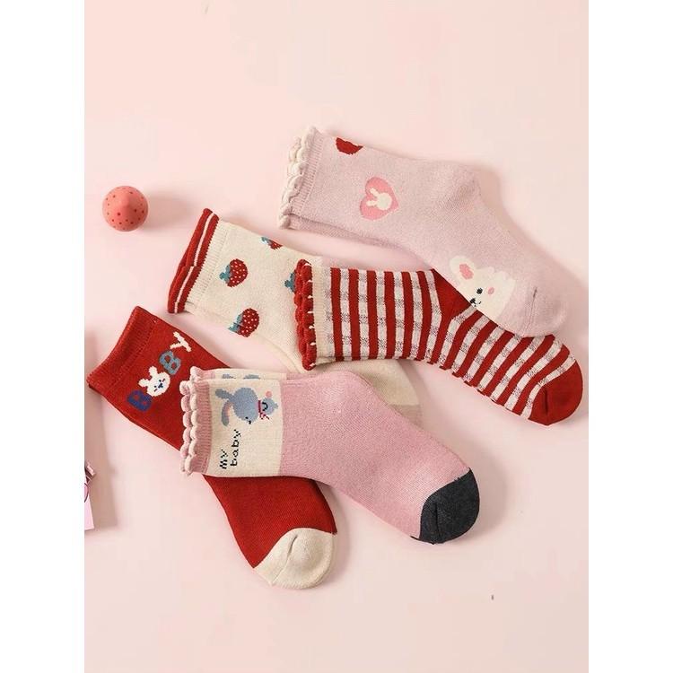 PVN54104 Set 10 Đôi Tất Cotton Cổ Cao Cho Bé Gái Baby Tông Đỏ Hồng Giá Rẻ