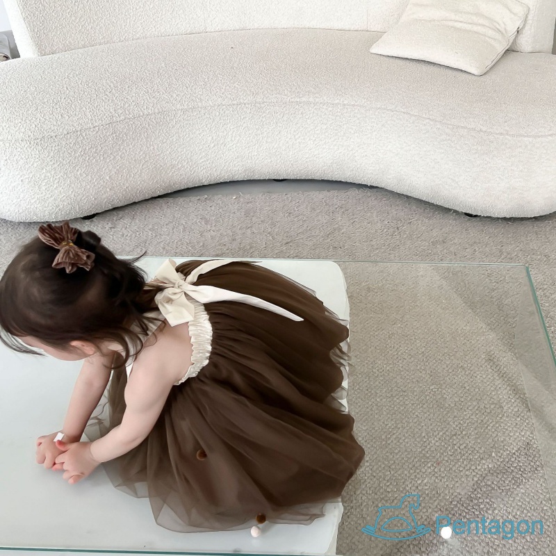 Đầm Lưới Công Chúa Hai Dây Thắt Nơ Lưng Màu Trơn Thời Trang Mùa Hè Cho Bé Gái