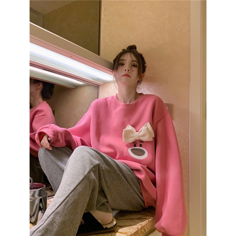 Porozi Áo sweater  tay dài cổ tròn đính nơ phong cách Hàn Quốc xinh xắn cho nữ