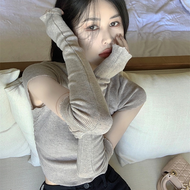 Áo Dệt Kim Tay Ngắn Cổ Cao Dáng Ôm Phong Cách Hàn Quốc Thời Trang Cho Nữ