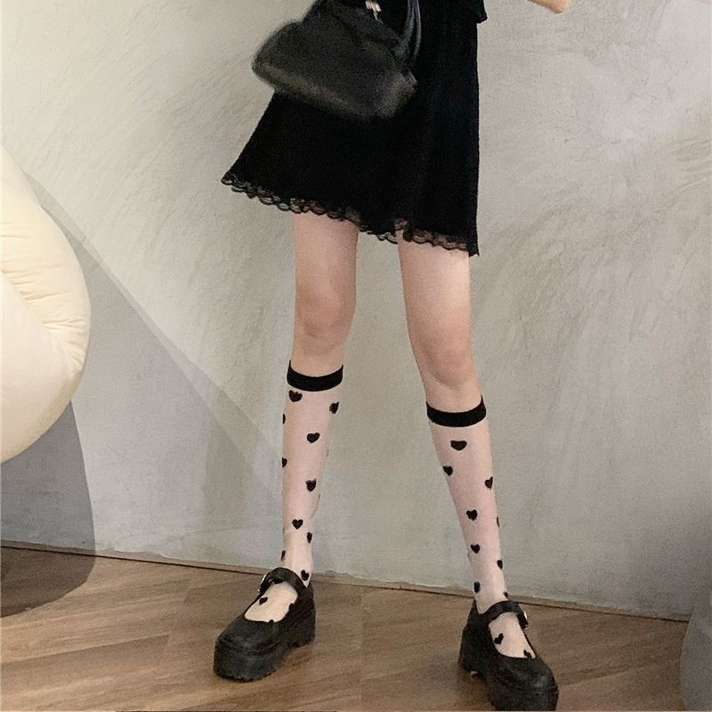 Tất Bắp Chân Vải Lụa Màu Đen In Hình Trái Tim Ngọt Ngào Phong Cách lolita Dễ Phối Đồ Thời Trang Xuân Thu Cho Nữ