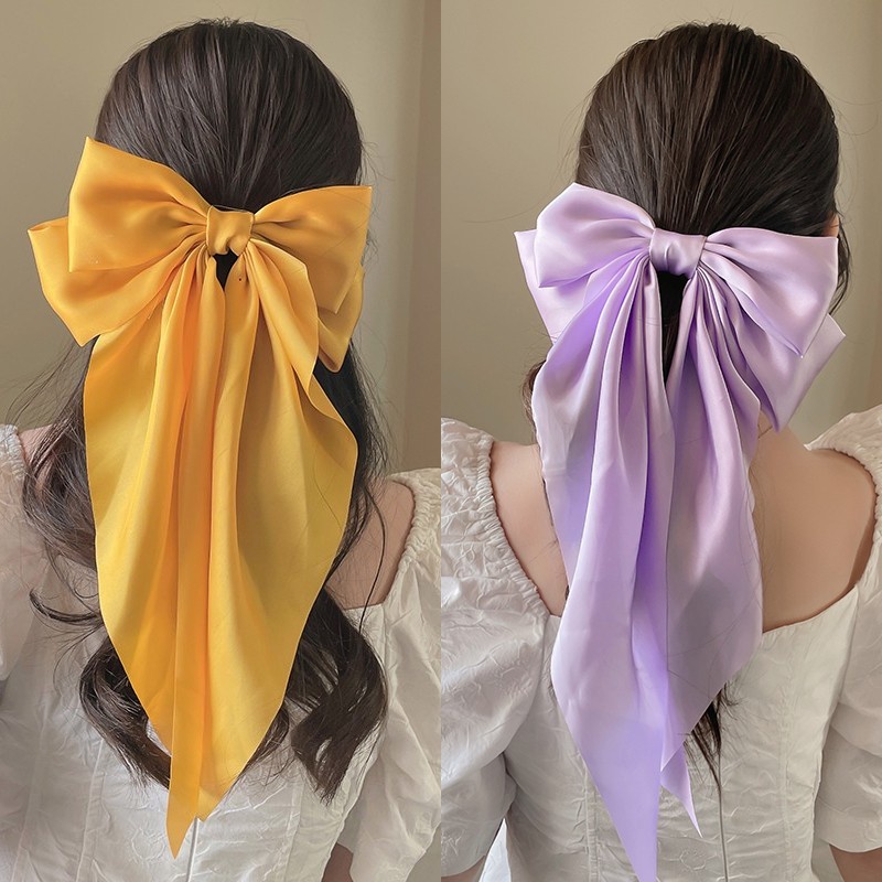 Kẹp Tóc Hình Nơ Lớn Bằng Ruy Băng Dài Thanh Lịch Cho Nữ