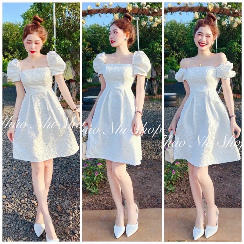 Đầm váy nữ gấm trắng tinh khôi xòe đơn giản, xinh xắn dành cho các nàng đi chơi, dự tiệc