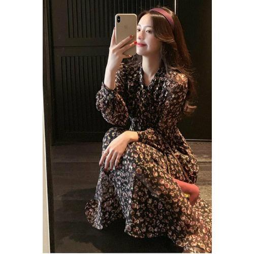 Đầm maxi Chiffon Tay Dài Màu Tím Họa Tiết Hoa Thời Trang Thu Đông Mới Cho Nữ