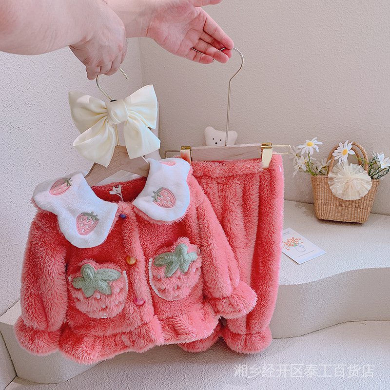 Bộ Đồ Ngủ Lông Cừu San Hô Giữ Ấm Mùa Thu Đông Phong Cách Hàn Quốc Cho Bé Gái 0Acv 11.11 50%