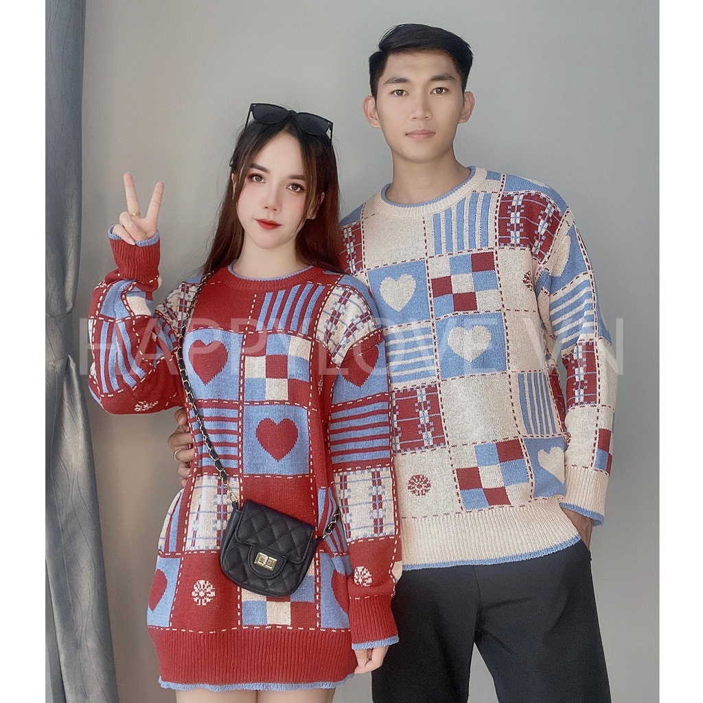 Set Áo Len Đôi Nam Nữ Couple Form Rộng Unisex Hoạ Tiết Tim Màu Đỏ Be Chất Len Quảng Châu Cao Cấp HAPPYLOVE H49